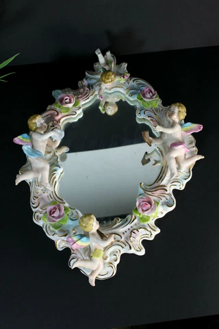 Vintage italian porcelain Wall mirror cherub putti floral Cover