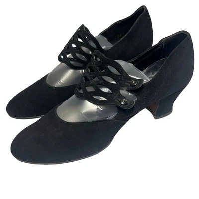 Vintage 30s Black Lattice Strap Heels Button Close Leather Sole Shoes Size 6.5 - Image 1 of 4