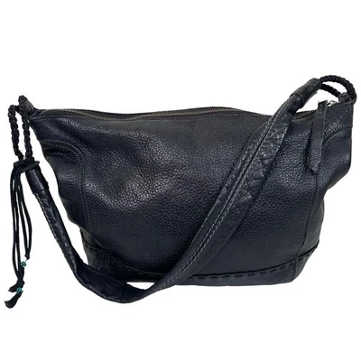 The Sak Black Pebbled Leather Hobo Shoulder Bag Beaded Tassel Accent Boho - Image 1 of 4