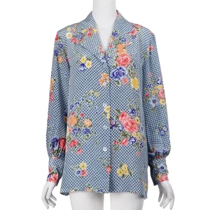 NWT DIANE VON FURSTENBERG Vintage Top XS Blue Floral Silk Button Up Long Sleeve - Picture 1 of 11