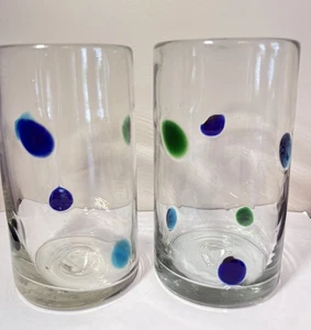 2 Murano drinking glasses tall Tumblers blue green dot 5.5” 16 Oz - Picture 1 of 5