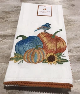 Fall Autumn Harvest Embroidered Pumpkins Bird Holiday Kitchen Cup Towels 2 NEW - Picture 1 of 5