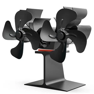 8-Blade Dual Head Heat Powered Wood Stove Fan Log Burner Fireplace + Thermometer - Picture 1 of 17
