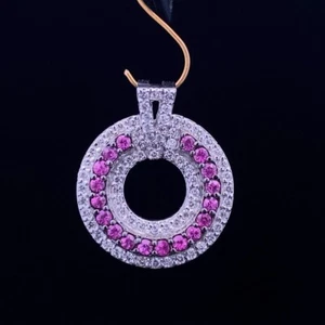 Pink Red Sapphire 0.95 CTW Diamond 14k White Gold Pave Circle Pendant Womens - Picture 1 of 7
