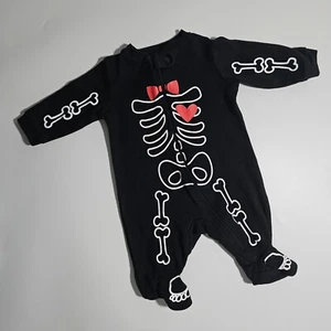 Newborn Baby Footed Black Halloween Skeleton One Piece W/Red Bow & Red Heart - Picture 1 of 7