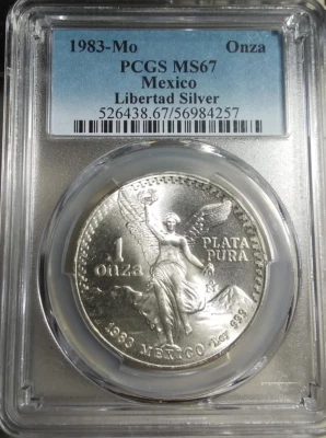 :1983-Mo 1-ONCE MEXICO LIBERTAD WINGED VICTORY PCGS MS67 RARE R3 HIGHEST GRADES - Image 1 of 2