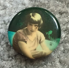 Vintage celluloïd jeune fille portrait couleur chérie photo bouton 1" rétro