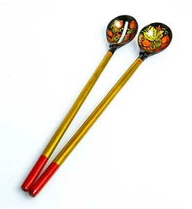 Khokhloma painting handicraft wooden tableware spoons Russian Folk 80s Vintage - Picture 1 of 3