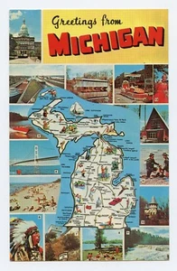 Cartolina Saluti dal Michigan Mappa a Colori - Foto 1 di 2