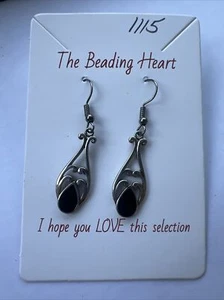Black Stone Earrings W/ Silver, Dangle, Hook, Fashion, Womens, Stone, Swirl - Picture 1 of 6
