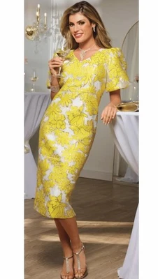 12 Midnight Velvet Yellow Formal Wedding Church Henrietta Jacquard Sheath Dress - Image 1 of 4
