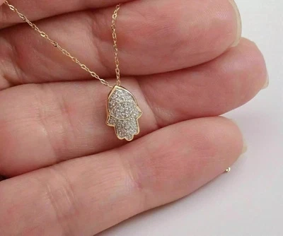Colgante de diamantes redondos HAMSA mal de ojo cadena encanto religioso oro amarillo de 14 quilates sobre Foto 1 de 4