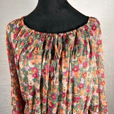 LC Lauren Conrad Dress Women 3X Green Peasant Boho Floral Chiffon Feminine Midi - Image 1 of 4
