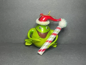 Vintage Whimsical Green Glass Frog w/ Santa Hat & Candy Cane Christmas Ornament - Picture 1 of 7