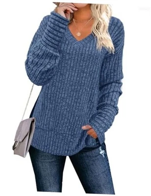  Suéteres para mujer manga larga cuello en V camisas sueltas informales moda XX-grandes azules Foto 1 de 3