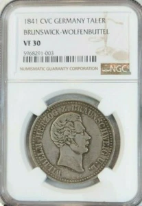 1841 GERMANY SILVER 1 TALER BRUNSWICK WOLFENBUTTEL NGC VF 30 RARE TOP POP 1 - Picture 1 of 4