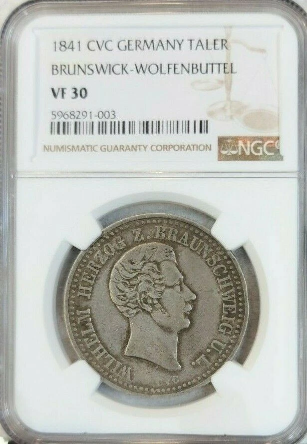 1841 GERMANY SILVER 1 TALER BRUNSWICK WOLFENBUTTEL NGC VF 30 RARE TOP POP 1 - Image 1 of 4