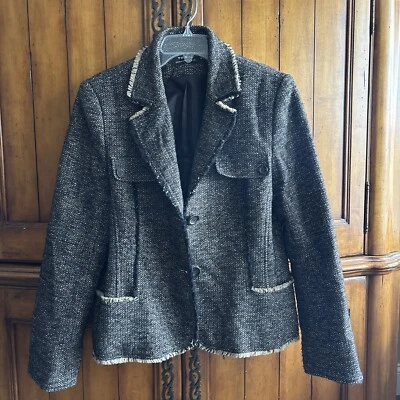 Mujer Tribal Blazer Talla 12 Marrón Negro Tostado Dos Botones Flecos Lana Ropa de Trabajo Foto 1 de 4