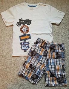 GYMBOREE Boys Sz 7 Summer Wheels Rebel Motorcycle Tee & Patchwork Shorts ~  - Picture 1 of 4
