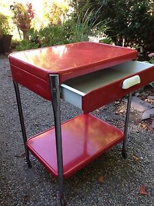 Vintage Red Cosco Style 2 Shelf 1 Drawer Metal Rolling Kitchen Utility Cart