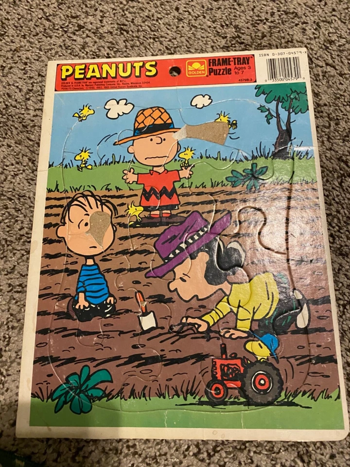 Rompecabezas vintage Peanuts Charlie Brown Lucy Garden marco dorado bandeja 1965 Foto 1 de 1