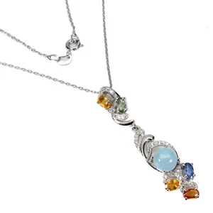 925 Sterling Silver Necklace Round Aquamarine Sapphire Natural Gemstone Jewelry - Picture 1 of 10