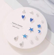 7 Pairs 925 Sterling Silver Stud Earrings Heart Star Moon Pearl Moon Set Pack UK