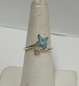 D & B 14k Yellow Gold CZ & Blue Enamel Ring Size 7 - Picture 1 of 5