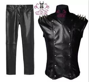 MEN CORSET VEST StEEL BONED SPIKED FAUX LEATHER V-SHAPER & FAUX LEATHER PANT USA - Picture 1 of 12