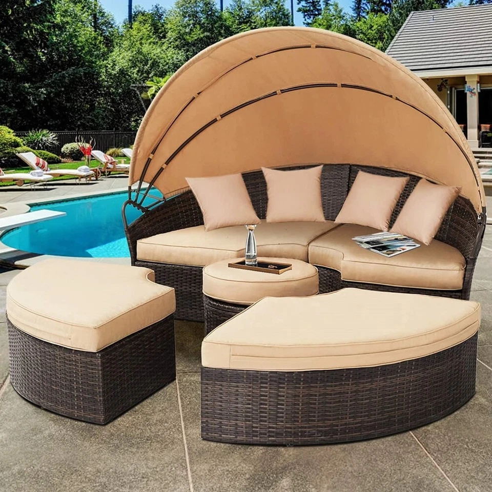 Sonneninsel Sonnenliege Rattan Lounge 180CM Tisch Polyrattan Gartenmuschel - Bild 1 von 4