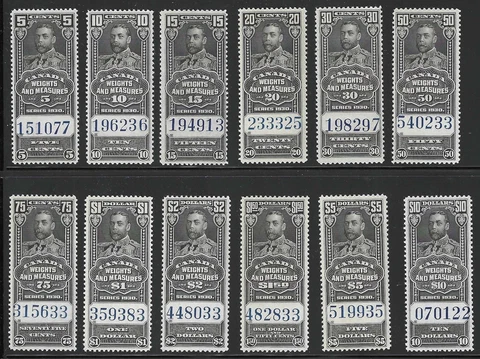 Canada, 1930 Weights & Measures Revenue Stamps, Van Dam #FWM60-#FWM71, N.H. Set Cover