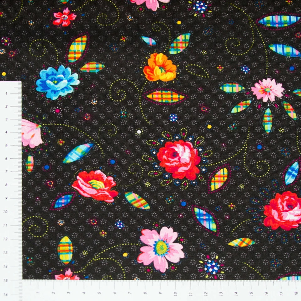Blüten auf Schwarz Serie Sommerblumen Free Spirit Patchwork Stoff (0171) - Bild 1 von 1