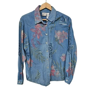 Vintage Denim Shirt Womens M Blue Painted Floral Western Boho Cowgirl Cottage - Picture 1 of 8