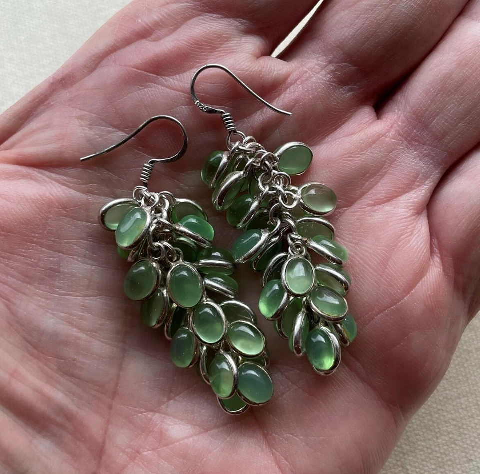 Cluster Steampunk Boho Dangle Earrings Cabochon Resin Light Green Sterling 2.25" - Image 1 of 4