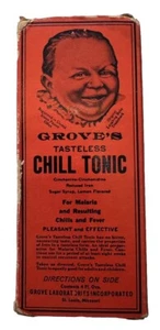 GROVES TASTELESS CHILL TONIC 7 3/4"TALL SIZE LABELED BOTTLE WITH BABY FACE BOX - Picture 1 of 4