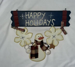 “Happy Holidays” Snowman  folk art hand painted wooden cutout hanging sign Xmas - Picture 1 of 4