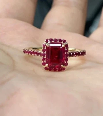 3.50 Ct Emerald Cut Natural Ruby Halo Red Engagement Ring 14K Yellow Gold All Sz - Image 1 of 4