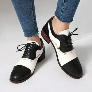 Women's Color Splice Carved Brogues Lace Up Faux Leather Casual College Shoes SZ - Picture 1 of 15
