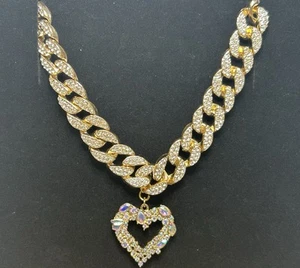 Chunky Heart Shaped Cuban Cubic Zirconia CZ Iridescent Statement Necklace - Picture 1 of 6