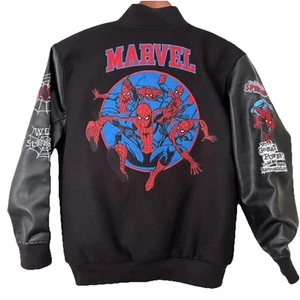 Marvel SpiderMan Bomber Jacket Black Faux Leather  Sleeves Boys Size 10/12 NEW - Picture 1 of 14