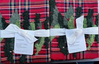 TWO Pottery Barn Elliot Tree Embroidered Plaid Standard Pillow Shams  NWT - Image 1 of 3