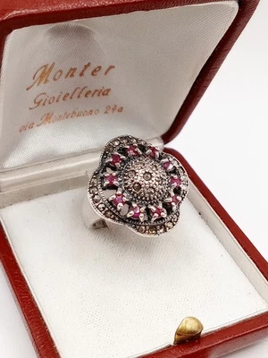 Anello Cocktail Vintage Donna Argento 925 Rubini Marcasiti Antico M 14 Art Decò - Immagine 1 di 4