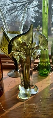 Chalet of Canada 1960's Hand Blown Green Clear Glass Vase Original Sticker 10.5" - Image 1 of 4