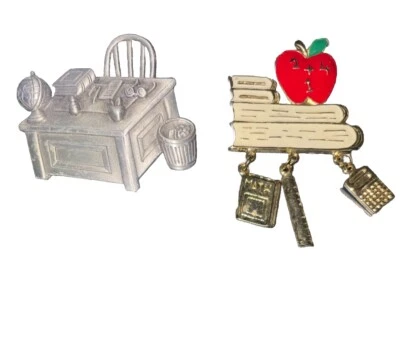 Teacher Gift Brooches Lot of 2 JJ Pewter Tone Desk Gold Tone Enameled Book Apple - Image 1 of 4