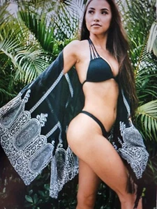 Dimore Women Black Chiffon Cover Up V-Neck Beachwear Swimsuit Tassel Hem Coverup - Picture 1 of 6