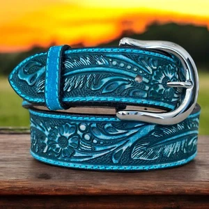Floral Hand Painted Genuine Leather Men & Women Belt with Removable Buckle - Picture 1 of 10