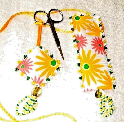 Yellow & Pink Daisies Beaded Ribbon Scissor Case & Pincushion W/ Scissor - NEW - Image 1 of 3