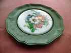 Small Vintage German Pewter Plate Inlaid Painted Porcelain Flower Angel mark