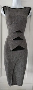 Womens Karen Millen Grey Herringbone Tweed Wool Silk Office Slit Pencil Dress 8. - Picture 1 of 11