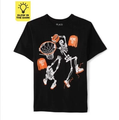Boys Childrens Place M 7-8 Black SS T-Shirt Glow In Dark Skeleton Basketball Tee - Image 1 of 4